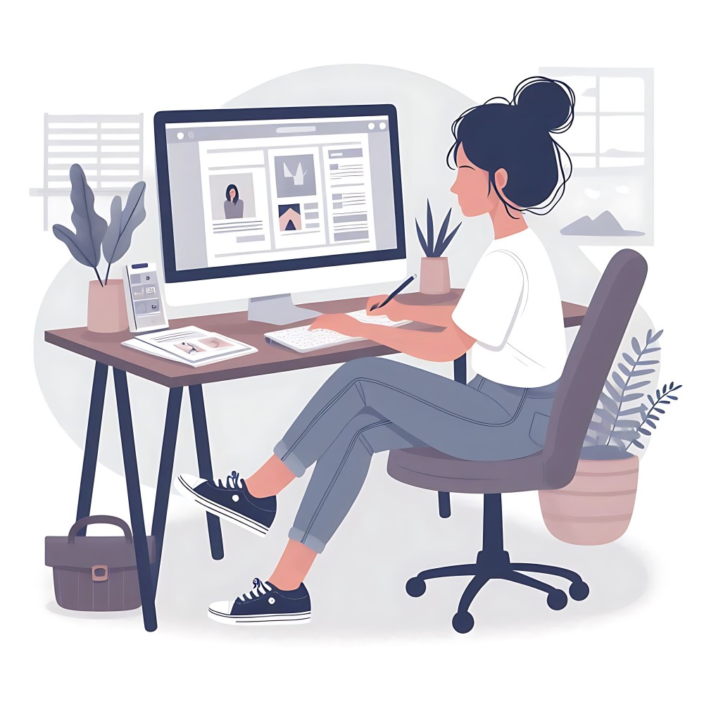 Woman sitting in peace and relaxed in front of her well performant website. 